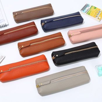 2-Pack Leather Pencil Case - Korean Style Zipper Stationery Bag for Students and Office - Large Capacity Pen Organizer Pouch - Pink + Dark Brown