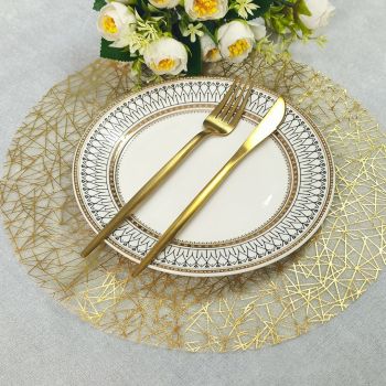 Mesh Line Round Placemat 6-Pack - 33x33cm Hollow Woven Table Mat for Dining Room, Kitchen, Hotel - Heat Insulation Decorative Pad - Gold