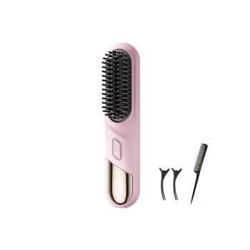 Portable Cordless Heated Straightening Brush for Travel Cordless Hair Straightener Brush Comb Straightener for Women -Pink