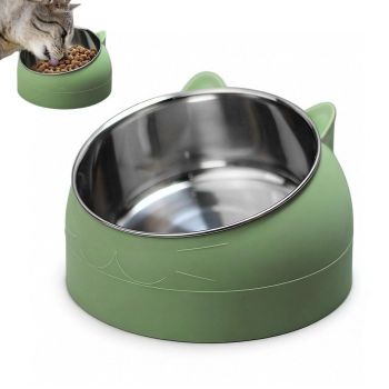 400ml Stainless Steel Tilted Pet Bowl - Non-Slip Raised Feeder for Cats & Dogs Blue
