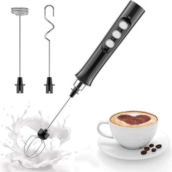 3 in 1 Handheld Electric Milk Frother USB Rechargeable Drink Coffee Mixer Foam Maker with 3 Whisks-White