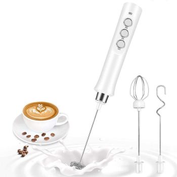 3 in 1 Handheld Electric Milk Frother USB Rechargeable Drink Coffee Mixer Foam Maker with 3 Whisks-Black