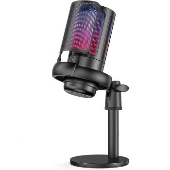 USB Condenser Gaming Microphone with RGB Lighting Adjustable Stand for Recording Streaming Pink