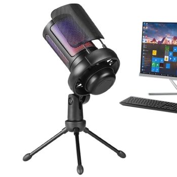 USB Condenser Gaming Microphone with RGB Lighting Adjustable Stand for Recording Streaming Black