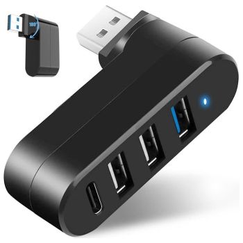 4-Port USB 3.0 Hub 180-Degree Rotating USB Splitter for Laptop Car Black