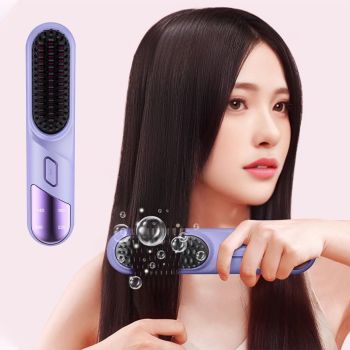 Cordless Hair Straightener Brush Mini Hot Comb for Women Anti-Scald Protection -Purple