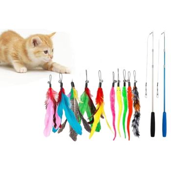 12Pcs Kitten Cat Feather Toy Bell Wand Teaser Rod Interactive Play Pet Toy