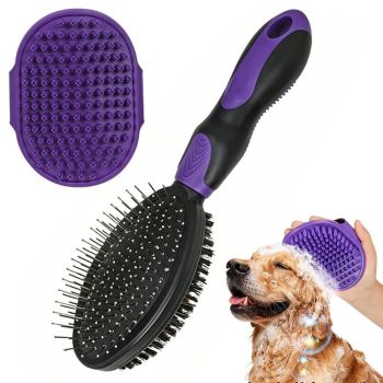2 Pack Pet Grooming Brush Set Deshedding Double Sided Comb Massage Brush-Purple