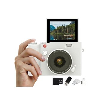 4K Digital Camera 64MP Vlogging Camera with 180-degree Flip Screen 16X Digital Zoom -White