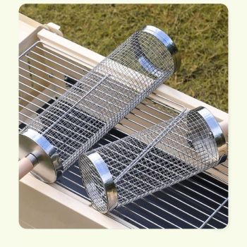 Food-grade stainless steel rotisserie skewer, 360° rotatable, with heat-resistant wooden handle—outdoor camping barbecue tool (Large)