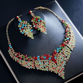 Affordable Luxury, Statement-Making Full-Diamond Necklace and Earring Set, Accessories for Banquets, Parties, and Weddings – Assorted Colors