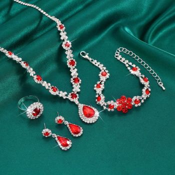 High-end Colored Gemstone Teardrop Jewelry 4-Piece Set, Women's Accessory Set, Wedding and Evening Accessories - Red