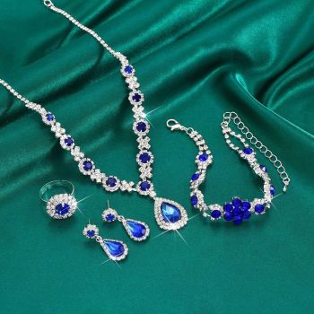 Luxury Colored Gemstone Teardrop Jewelry 4-Piece Set, Women's Accessory Set, Wedding and Evening Accessories - Blue