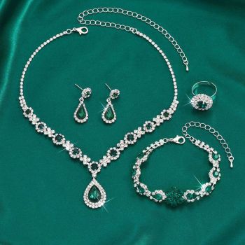 High-end Colored Gemstone Teardrop Jewelry 4-Piece Set, Women's Accessory Set, Wedding and Evening Accessories - Green
