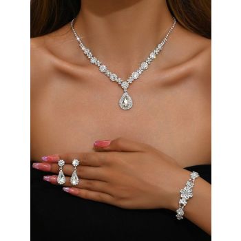 High-end Colored Gemstone Teardrop Jewelry 4-Piece Set, Women's Accessory Set, Wedding and Evening Accessories - Silver