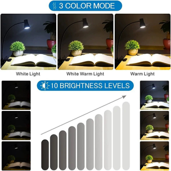 Clip-On LED Desk Lamp, 3 Color Modes & 3 Brightness Levels, Flexible Gooseneck Eye-Caring Light for Study, Manicure, Photography