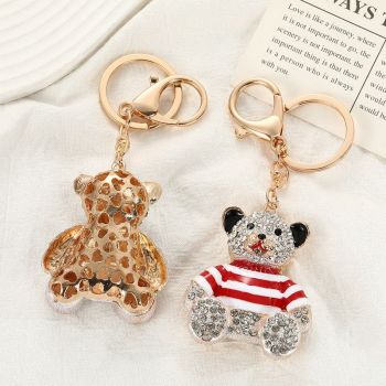 Black - Rhinestone Striped Bear Keychain, Cute Enamel Cartoon Bear Bag Charm Pendant, Alloy Bling Key Ring Accessories for Gifts & Bag Decoration