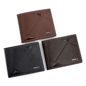 Men's Short Bifold PU Wallet, Geometric Embossed Billfold with Multiple Card Slots and Zipper Coin Pocket for Business and Casual Daily Use - Light Brown