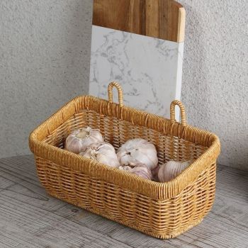 Artificial Rattan Wall Mount Storage Basket, Washable Plastic Woven Hanging Organizer for Kitchen Garlic Ginger Spice(S)