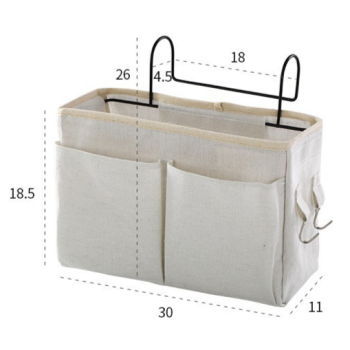 Bedside Caddy Storage Organizer with Metal Hooks, Multi-Pocket Linen Hanging Bed Caddy for Dorm Bunk Beds, Sofas—White