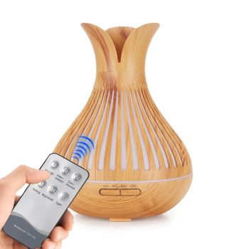 Wood Grain Flower Vase Diffuser and Humidifier, 7-Color LED Light, Timer, and Remote Control, 500 mL Ultrasonic Aroma Diffuser—Light Wood
