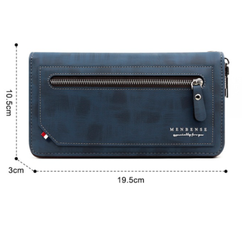Vintage PU Leather Long Wallet for Men, Zipper-Around Phone Clutch Purse with Detachable Wrist Strap - Blue