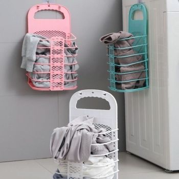 Wall-Mounted Foldable Laundry Basket, No-Drilling Hanging Dirty Clothes Hamper for Bathroom - Blue