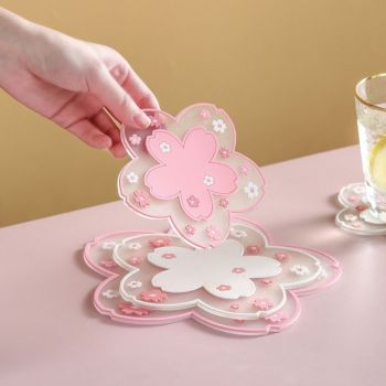 6-Pack - Sakura-Shaped PVC Heat-Resistant Coasters, Non-Slip Trivets for Bowls, Pots & Cups - Pink