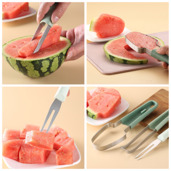 3-in-1 Stainless Steel Watermelon Cutter Set, Multi-Function Melon Slicer, Scoop, and Fork Kitchen Tool—Blue
