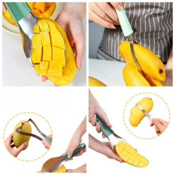 Stainless Steel Mango Cutter 3-Piece Set, Multi-Function Mango Core Remover & Dicer Kitchen Tool—Green