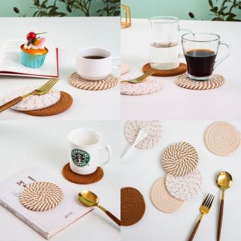 INS Style Round Cotton Woven Heat-Resistant Coasters, 8-Piece Set of Thick Table and Pot Mats with Free Iron Storage Rack - Striped