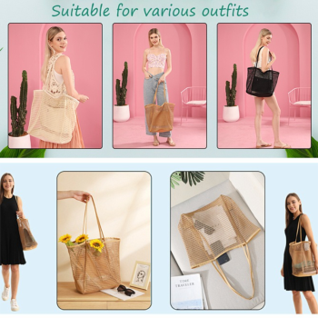 Mesh Large Beach Tote Bag, Foldable, Breathable, Single-Shoulder Shopping Bag for Travel, 2-Pack - Beige