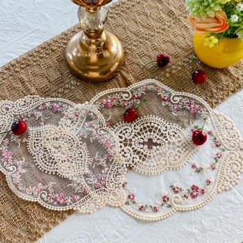 4 Pack Beige French Floral Embroidered Lace Placemats, Rectangular Vintage Sheer Mesh Table Decor Coaster