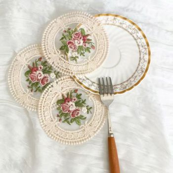6 Pack Beige Vintage Rose Embroidered Lace Coasters, French Ins Style Round Mesh Heat Resistant Cup Mats