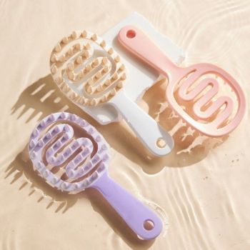 Long-Handled Hollow Hair Shampoo Brush, TPR Soft-Bristle Scalp Massager, for Wet & Dry Hair—Purple