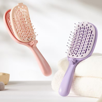 Self-Cleaning Foldable Vent Hair Brush, Portable Detachable Volumizing Scalp Massage Comb—Pink