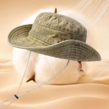 Vintage Washed Embroidered Bucket Hat, Wide-Brim Sun Hat with Drawstring for Hiking and Outdoor Activities - Blue