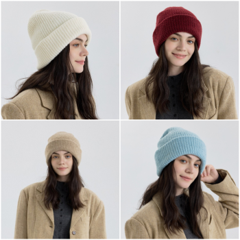 Solid Color Knit Beanie, Unisex Minimal Cuffed Warm Winter Hat with Slim Face Design—Red