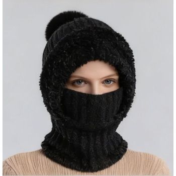 Integrated Knit Hat, Women's Windproof Warm Pom-Pom Hat with Face Cover & Neck Warmer for Winter Cycling - Black