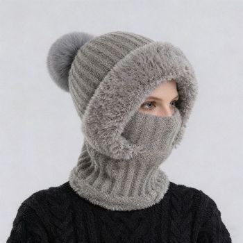 Integrated Knit Hat, Women's Windproof Warm Pom-Pom Hat with Face Cover & Neck Warmer for Winter Cycling - Gray