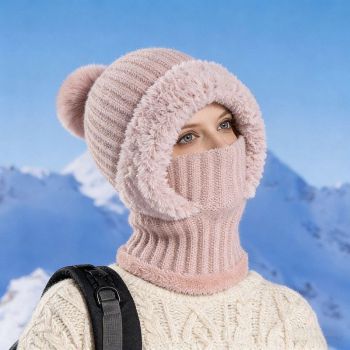 Integrated Knit Hat, Women's Windproof Warm Pom-Pom Hat with Face Cover & Neck Warmer for Winter Cycling - Pink