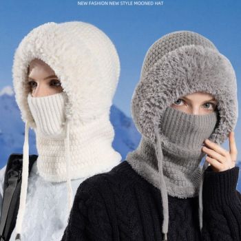 Fleece Ear Protection Integrated Knit Hat, Women's Windproof Balaclava Hat with Face Mask & Neck Warmer—Gray