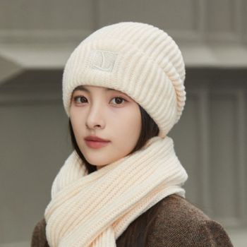 Women's Winter Knit Beanie & Scarf Set, Thick Vertical Stripe Warm Slouchy Hat with Ear Protection and Scarf—Beige