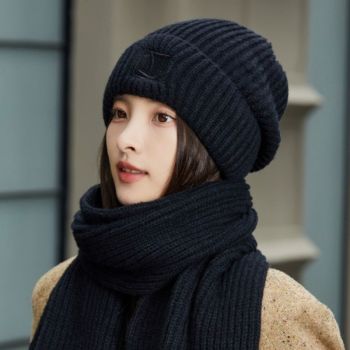 Women's Winter Knit Beanie & Scarf Set, Thick Vertical Stripe Warm Slouchy Hat with Ear Protection and Scarf—Black