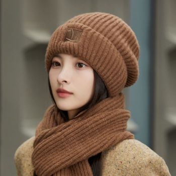 Women's Winter Knit Beanie & Scarf Set, Thick Vertical Stripe Warm Slouchy Hat with Ear Protection and Scarf—Brown