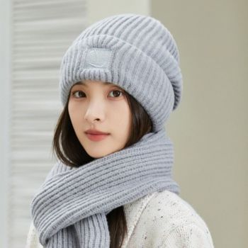 Women's Winter Knit Beanie & Scarf Set, Thick Vertical Stripe Warm Slouchy Hat with Ear Protection and Scarf—Gray