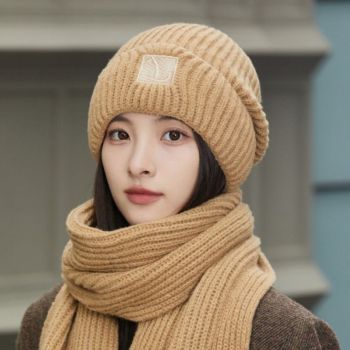 Women's Winter Knit Beanie & Scarf Set, Thick Vertical Stripe Warm Slouchy Hat with Ear Protection and Scarf—Khaki