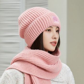Women's Winter Knit Beanie & Scarf Set, Thick Vertical Stripe Warm Slouchy Hat with Ear Protection and Scarf—Pink