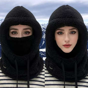 Fleece Drawstring Integrated Balaclava Hat, 3-in-1 Windproof Neck and Face Cover, Warm Cap for Winter Cycling—White