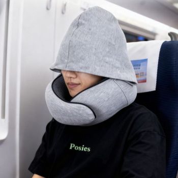 Hooded Memory Foam U-Shaped Travel Pillow, Foldable Light-Blocking for Napping on Planes and Trains—Light Gray